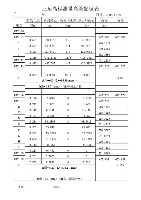 三角高程测量高差配赋表