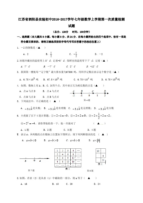 江苏省泗阳县实验初中2016-2017学年七年级第一学期第一次质量检测数学试卷