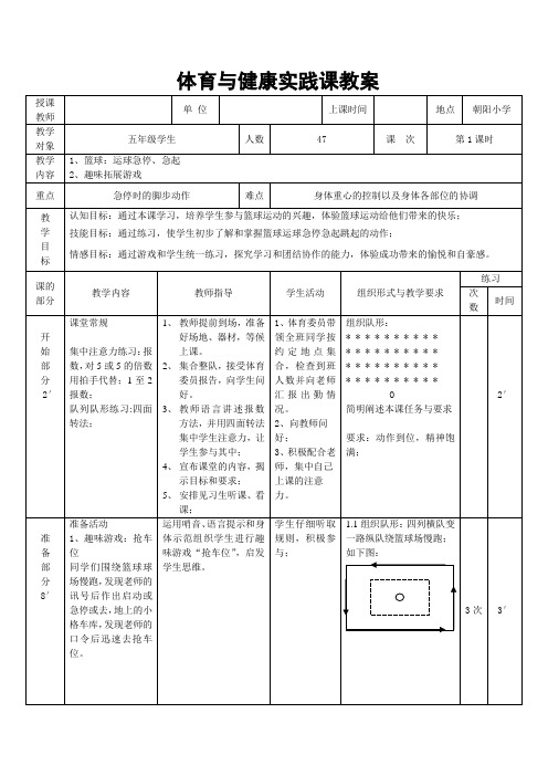 体育与健康人教版五年级-《篮球运球急停、急起》教案 