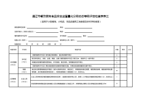 餐饮服务食品安全监督量化分级动态等级评定检查表