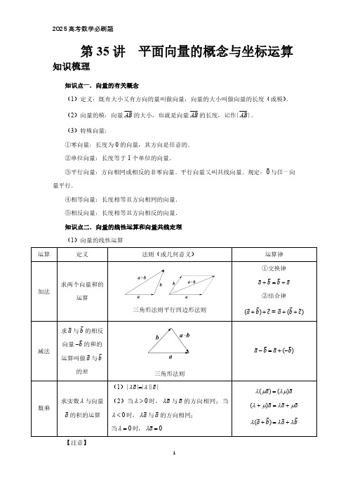 2025高考数学必刷题  第35讲、平面向量的概念与坐标运算(教师版)