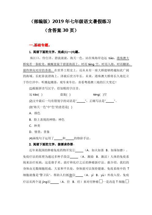 (部编版)2019年七年级语文暑假练习测试卷(30页,含答案)