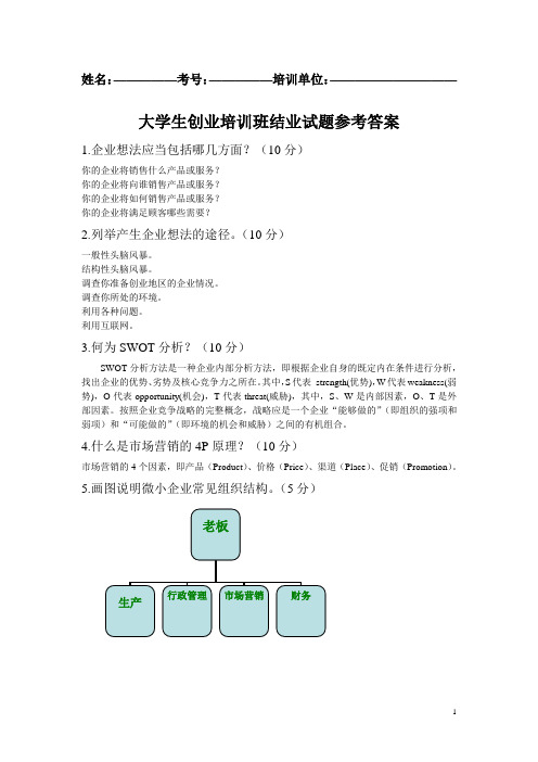 大学生创业培训结业试题答案