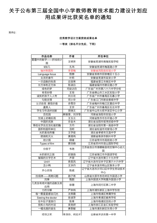 关于公布第三届全国中小学教师教育技术能力建设计划应用成果评比获奖名单的通知