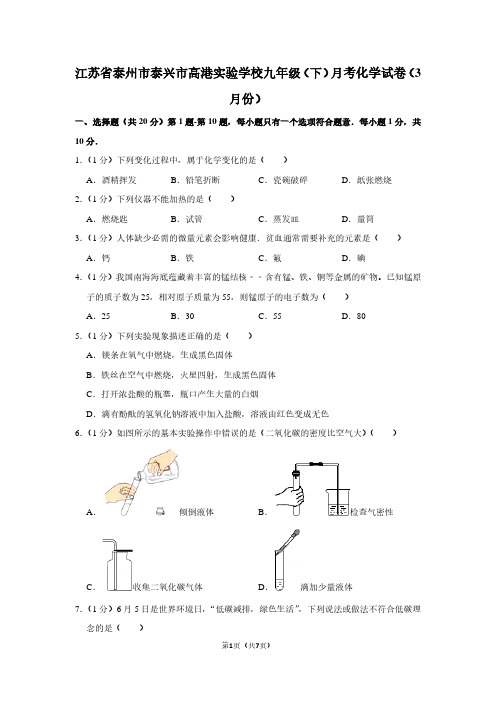 江苏省泰州市泰兴市高港实验学校九年级(下)月考化学试卷(3月份)