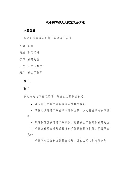 表格安环部人员配置及分工表