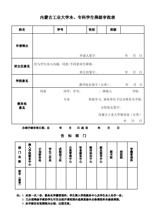内蒙古工业大学本专科学生降级审批表