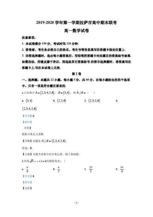 西藏拉萨市2019-2020学年高一上学期期末考试联考数学试题