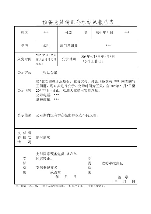 转正公示结果报告表