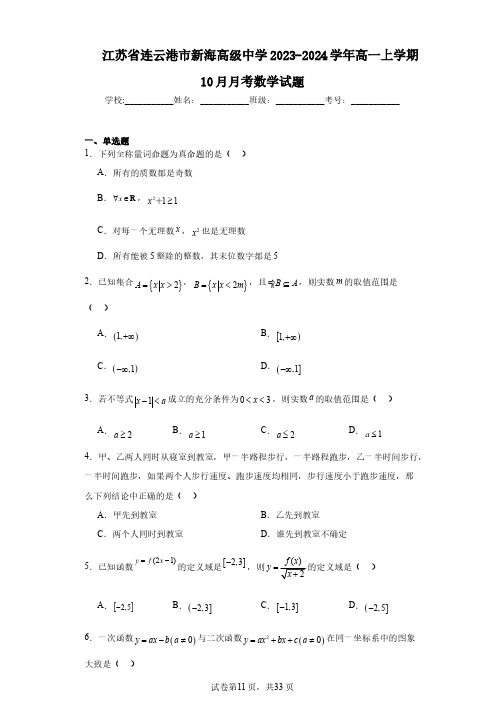 江苏省连云港市新海高级中学2023-2024学年高一上学期10月月考数学试题