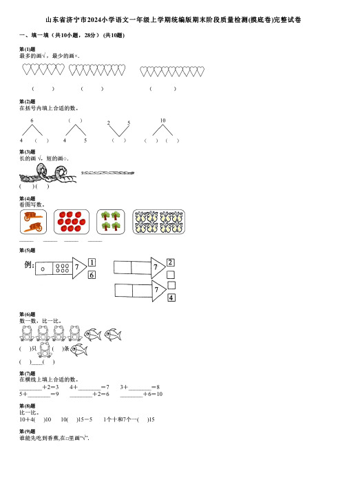 山东省济宁市2024小学数学一年级上学期统编版期末阶段质量检测(摸底卷)完整试卷