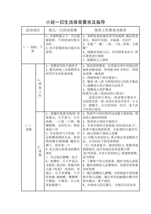 小班一日生活保育要求及指导