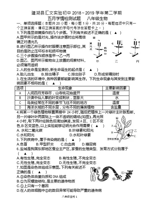 江苏省盐城市建湖县汇文实验初中2018-2019学年八年级下学期第二次月考生物试题(Word版,无答案)