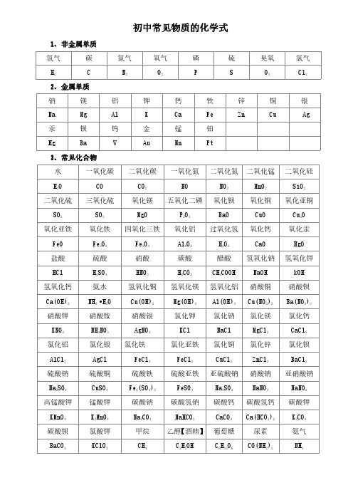 初中常见物质化学式