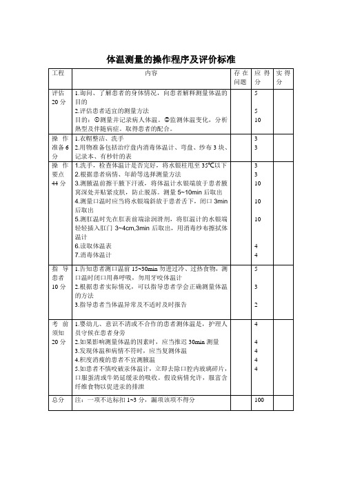 体温测量的操作程序及评价标准