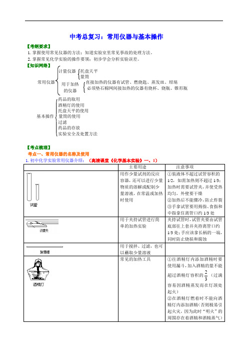 中考化学总复习：常用仪器与基本操作 知识讲解