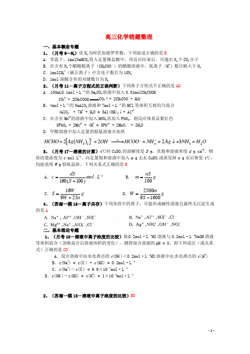 高考化学 易错题查漏补缺 错题整理专题