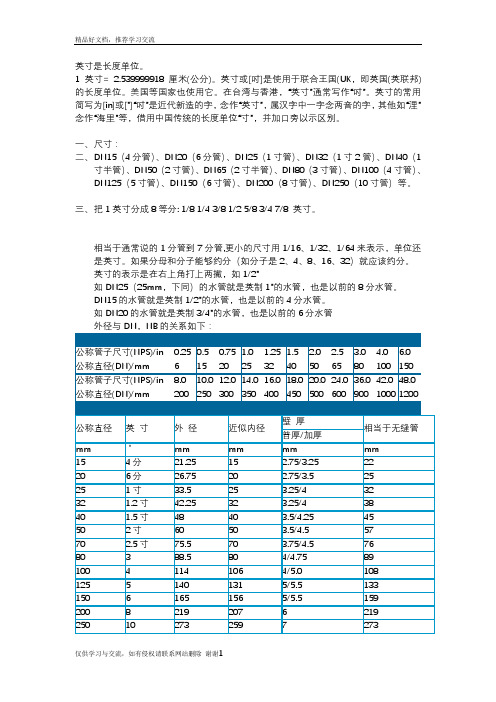 最新公称管子尺寸和公称直径对照表