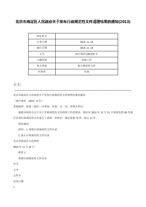 北京市海淀区人民政府关于发布行政规范性文件清理结果的通知(2013)-海行规发[2013]6号