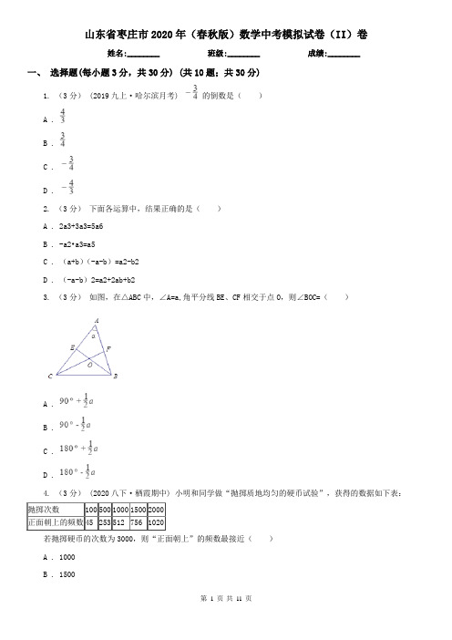 山东省枣庄市2020年(春秋版)数学中考模拟试卷(II)卷