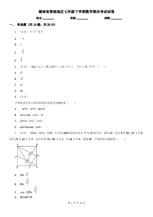 湖南省娄底地区七年级下学期数学期末考试试卷