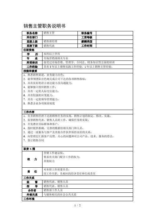 某房地产行业销售主管职务说明书