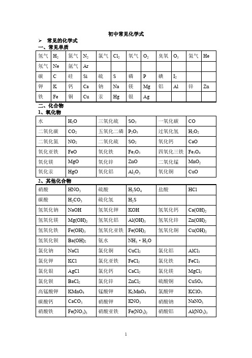 100编号初中常见化学式大全