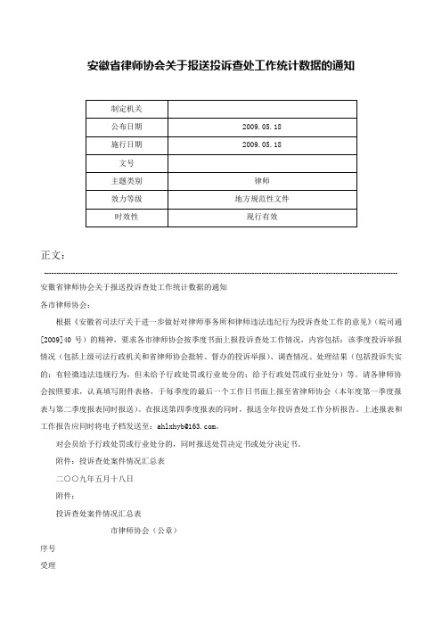 安徽省律师协会关于报送投诉查处工作统计数据的通知-