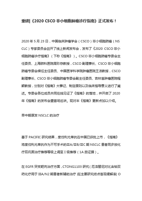 重磅《2020 CSCO非小细胞肺癌诊疗指南》正式发布!