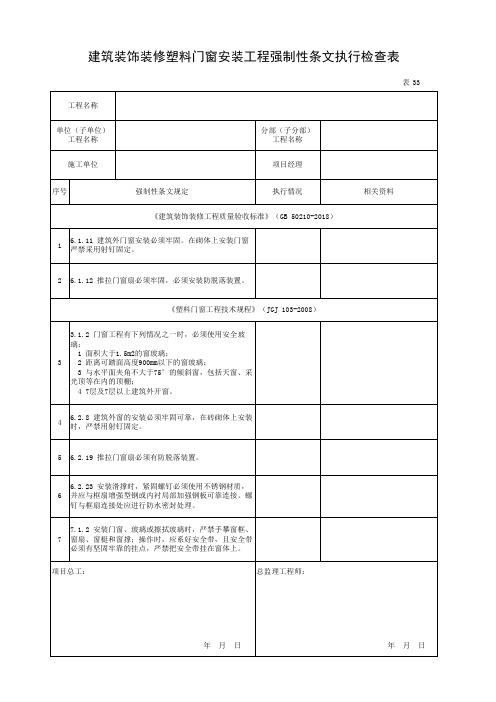 建筑装饰装修塑料门窗安装工程强制性条文执行检查表