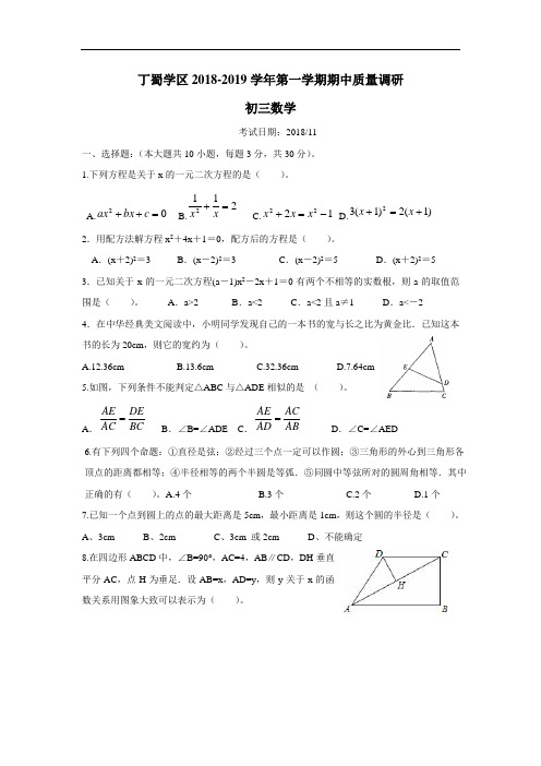 2019届九年级上学期期中考试数学试题(附答案)(3)