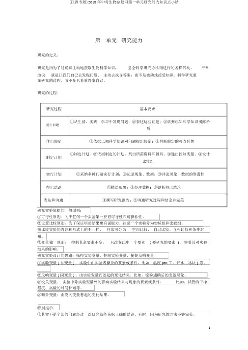 (江西专版)2018年中考生物总复习第一单元探究能力知识点小结