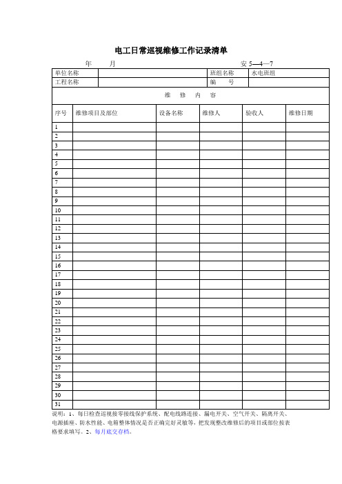 电工日常巡视维修工作记录清单