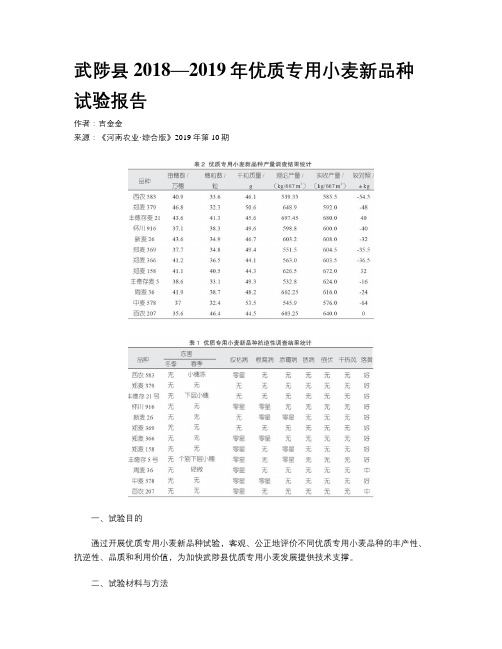 武陟县2018—2019年优质专用小麦新品种试验报告