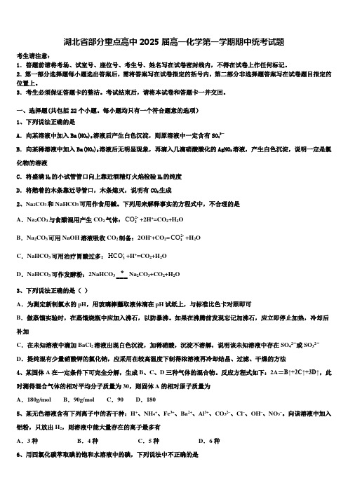 湖北省部分重点高中2025届高一化学第一学期期中统考试题含解析