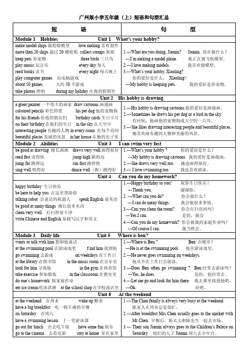 广州版小学英语五年级上短语、句型汇总