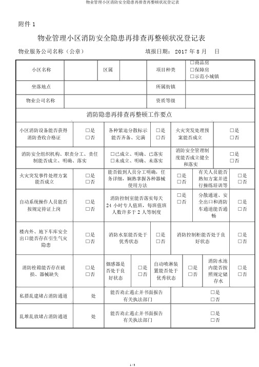 物业管理小区消防安全隐患再排查再整治情况登记表