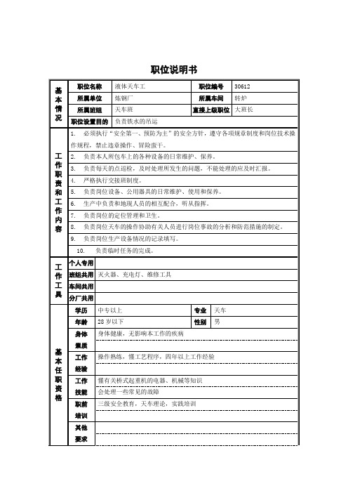 德龙钢铁-液体天车工职位说明书