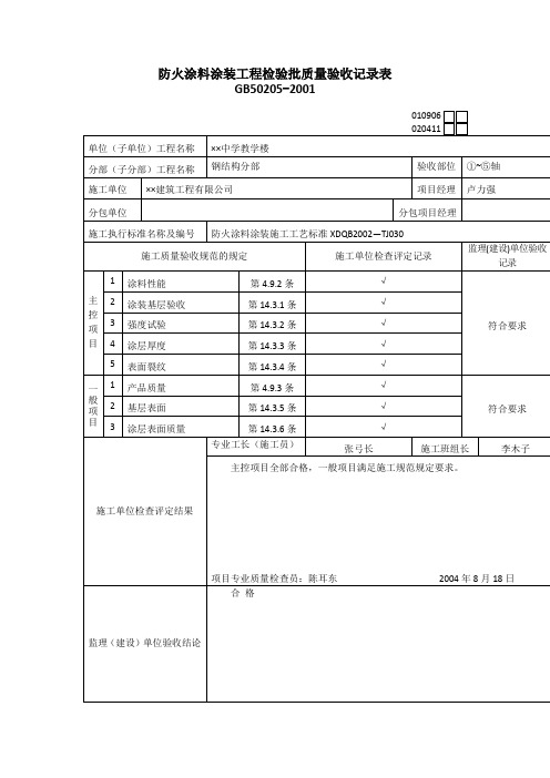 【工程文档】防火涂料涂装工程检验批质量验收记录表 (2)