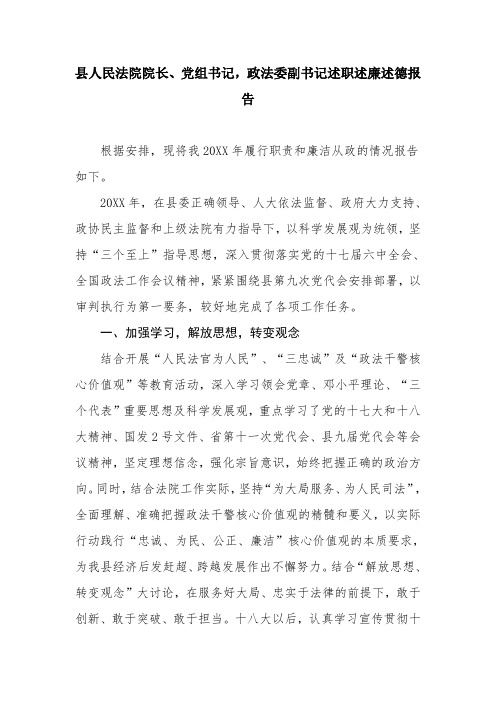 县人民法院院长、党组书记,政法委副书记述职述廉述德报告