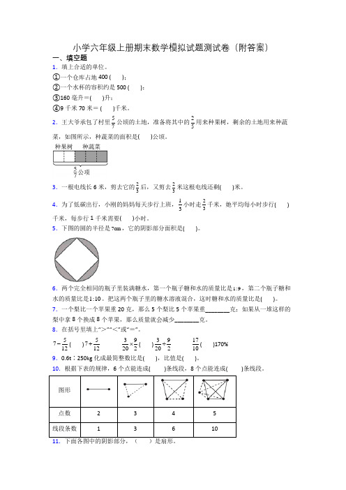 小学六年级上册期末数学模拟试题测试卷(附答案)