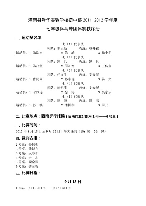 初中部七年级乒乓球团体赛秩序表