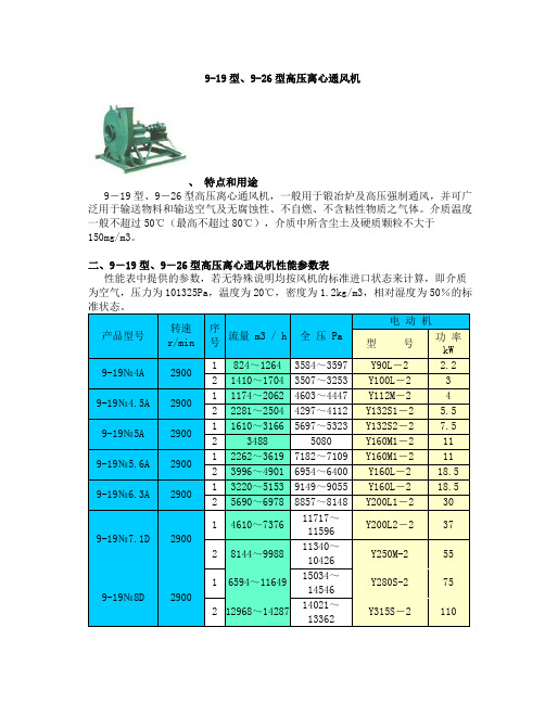 9-19型、9-26型高压离心通风机选型