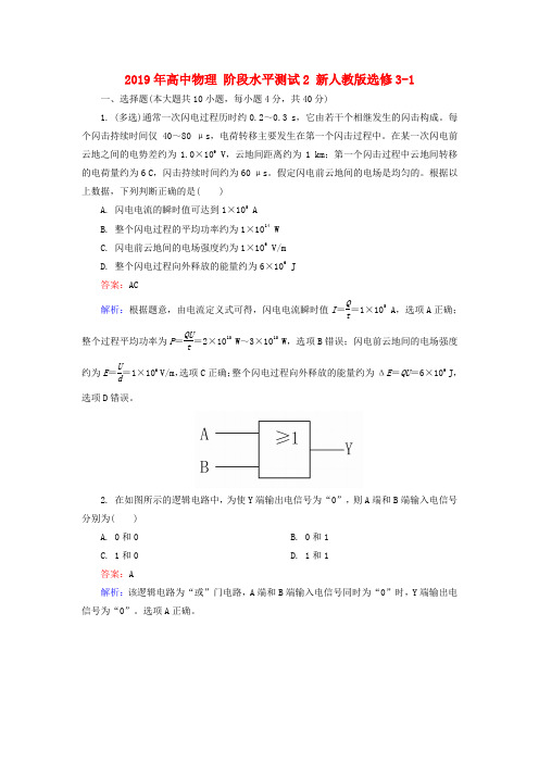 2019年高中物理 阶段水平测试2 新人教版选修3-1