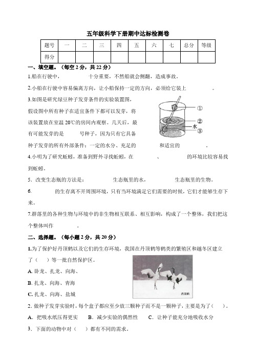 2022小学教科版五年级科学下册期中、期末达标检测卷 (含答案)