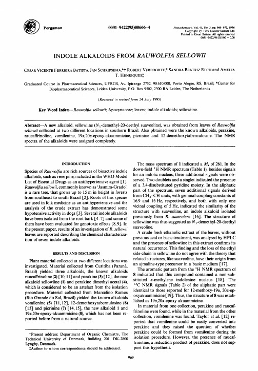 INDOLE ALKALOIDS FROM RAUWOLFIA SELLOWII