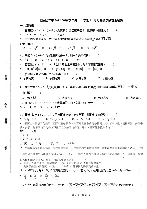 北辰区二中2018-2019学年高三上学期11月月考数学试卷含答案