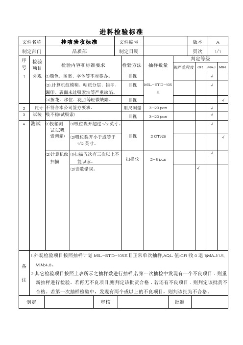 挂咭验收标准