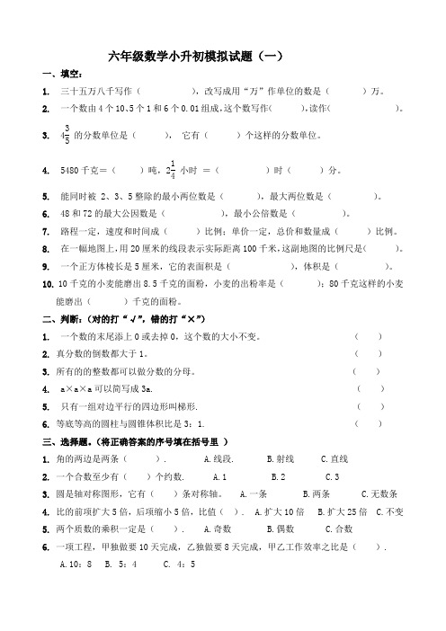 数学六年级小升初模拟试卷