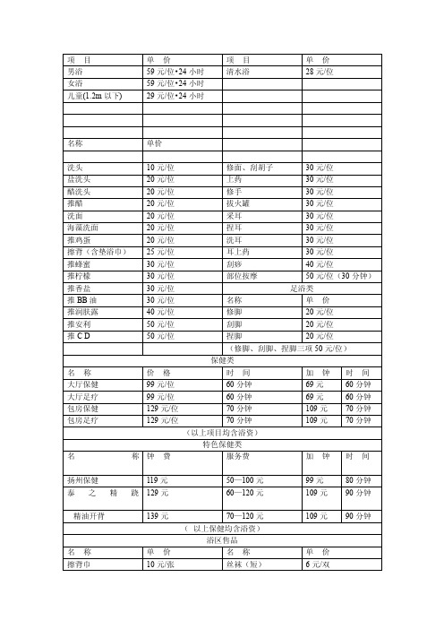 足浴价目表——精选推荐